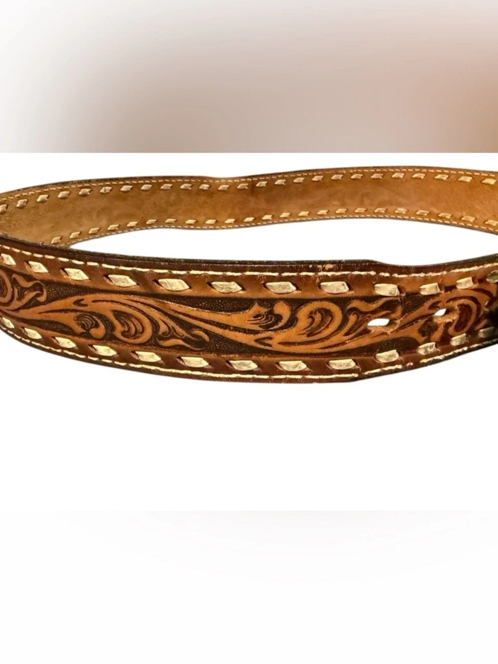 1981 Ethyl Buckle Tooled Leather Belt Laced Edges Marked Top Grain Cowhide Sz 38